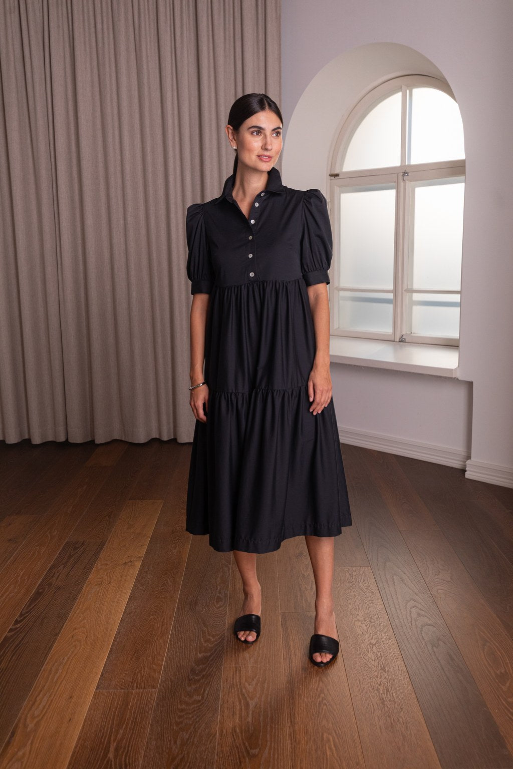 Short-sleeved cotton blend dress with puff sleeves, Black