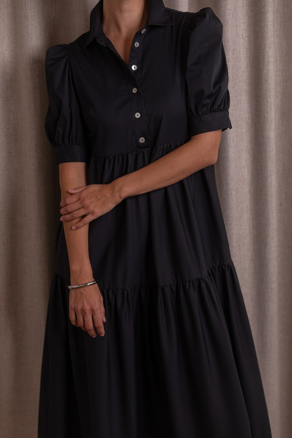 Short-sleeved cotton blend dress with puff sleeves, Black