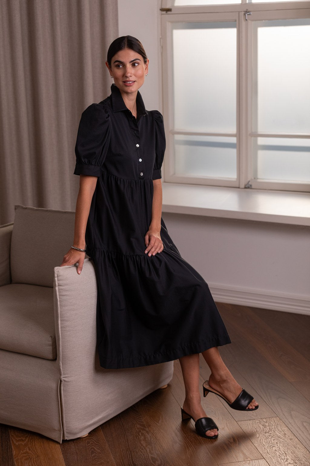 Short-sleeved cotton blend dress with puff sleeves, Black