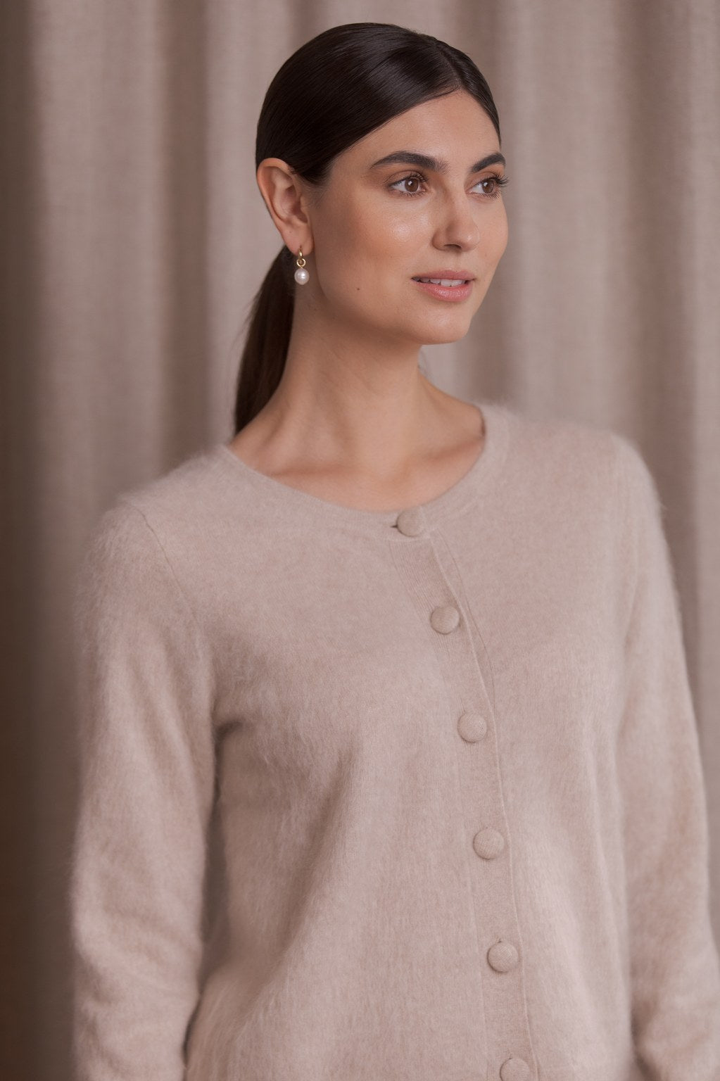 Long-sleeved cashmere cardigan, Latte