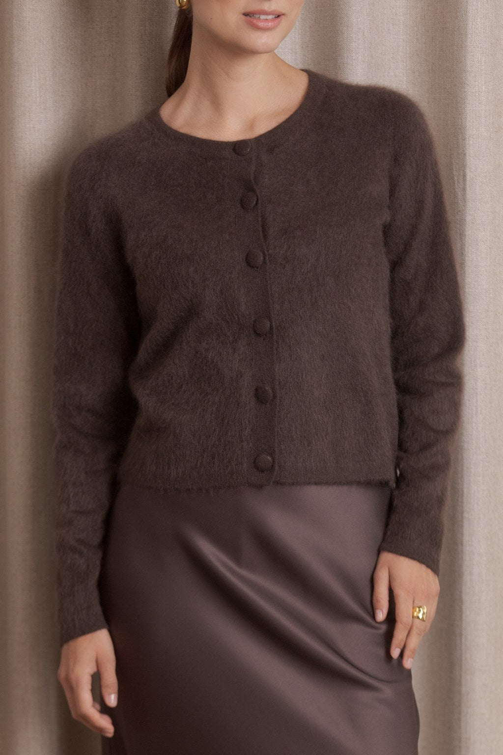 Long-sleeved brushed cashmere cardigan, Dark chocolate