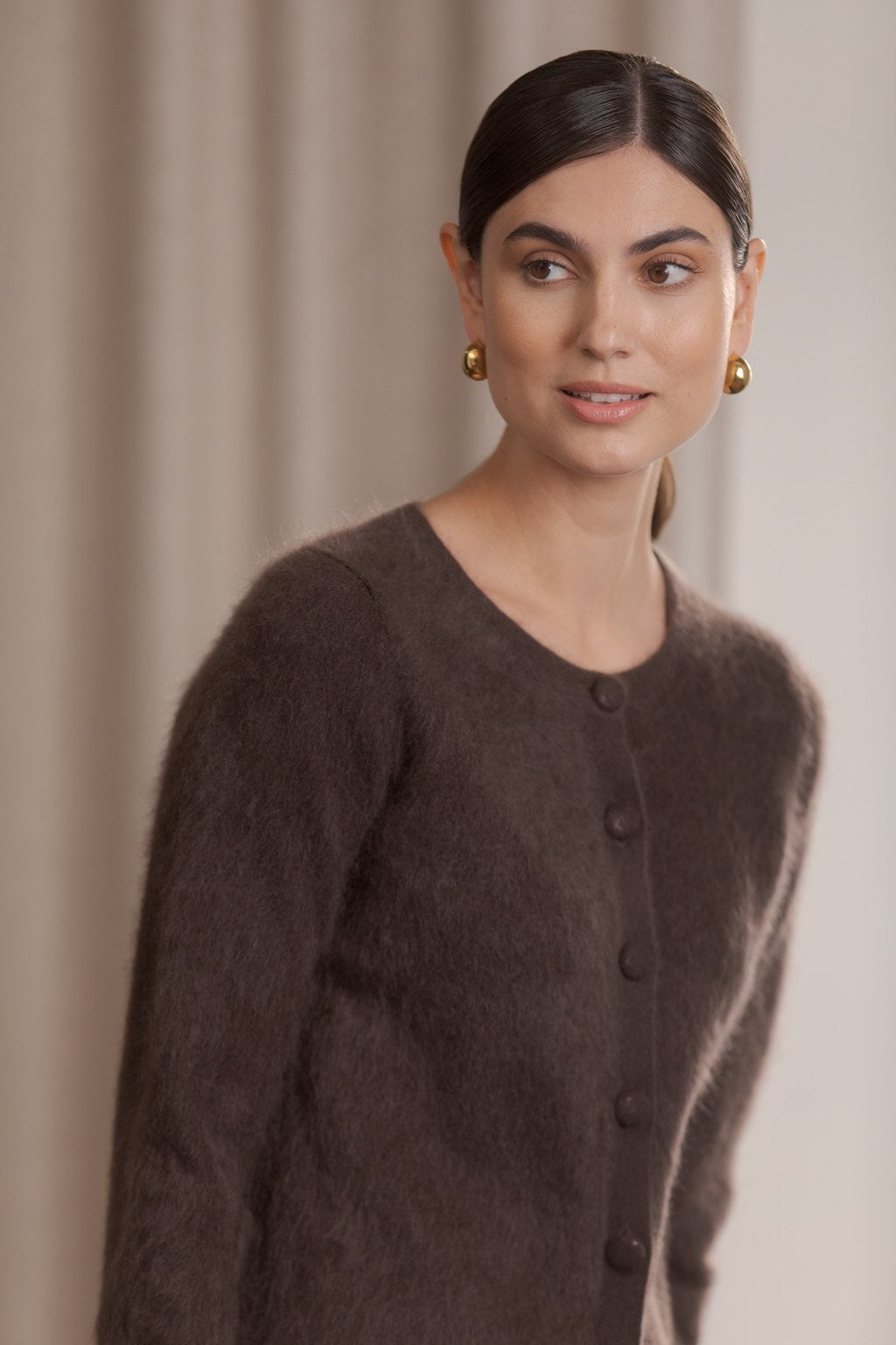 Long-sleeved brushed cashmere cardigan, Dark chocolate