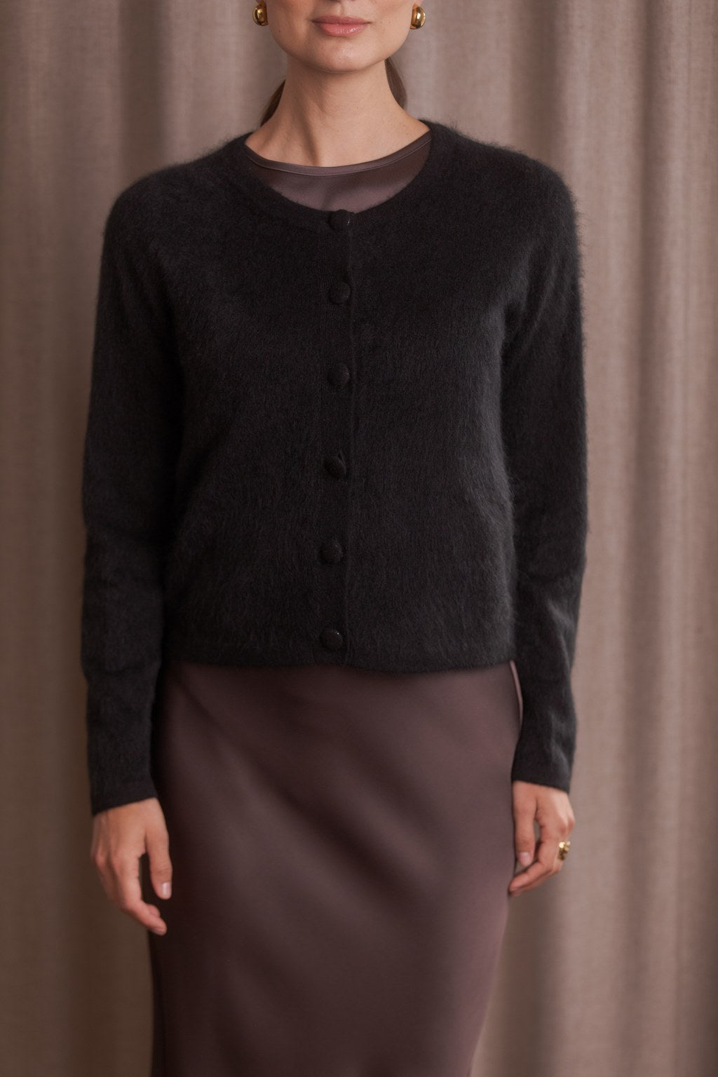 Long-sleeved brushed cashmere cardigan, Black