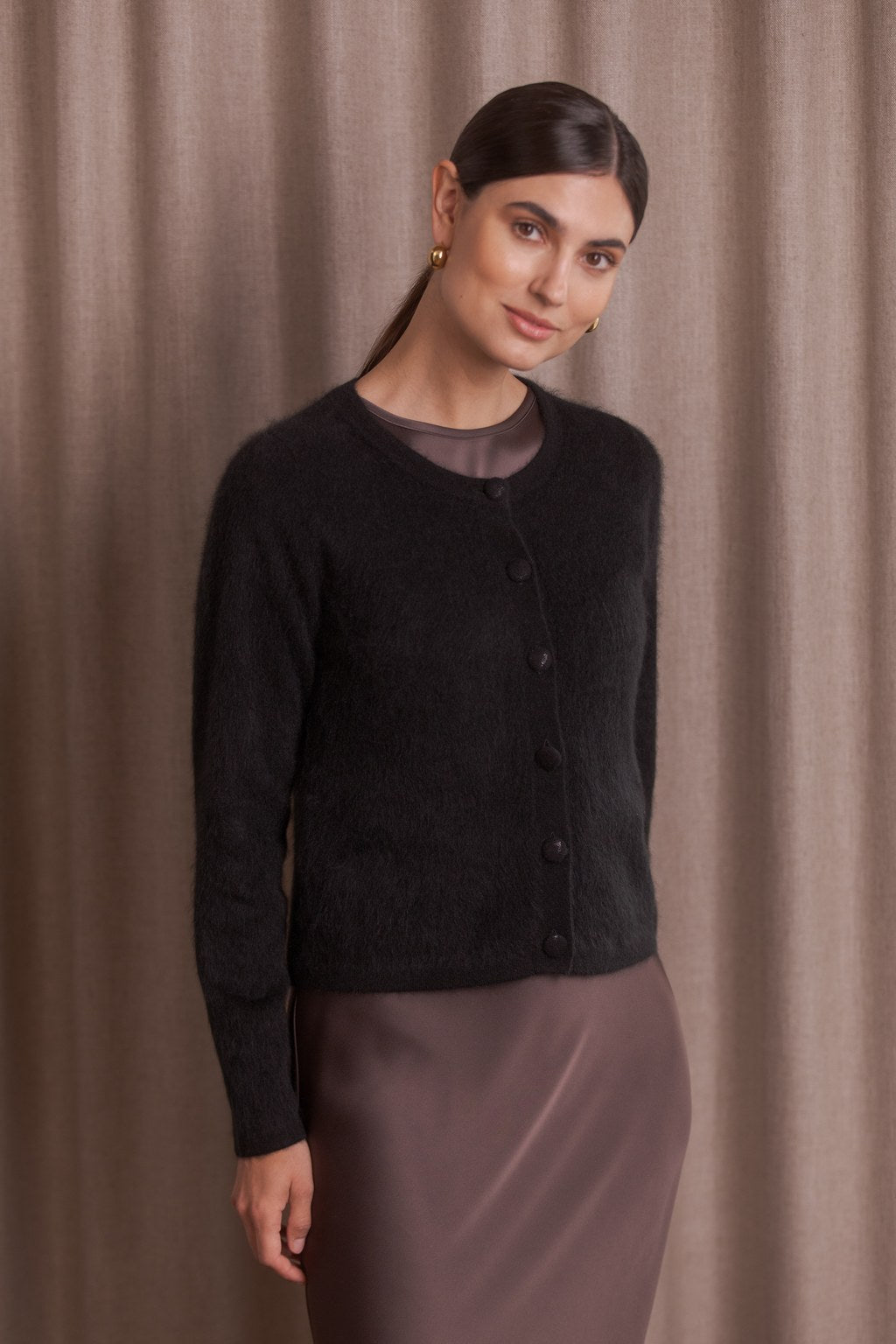 Long-sleeved brushed cashmere cardigan, Black