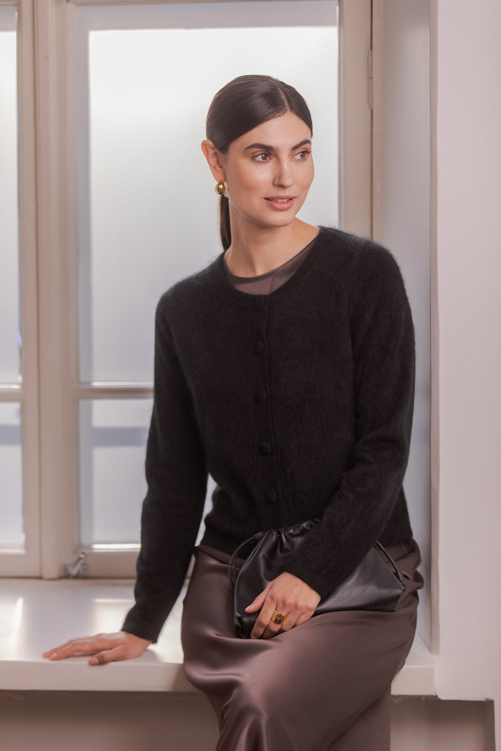 Long-sleeved brushed cashmere cardigan, Black
