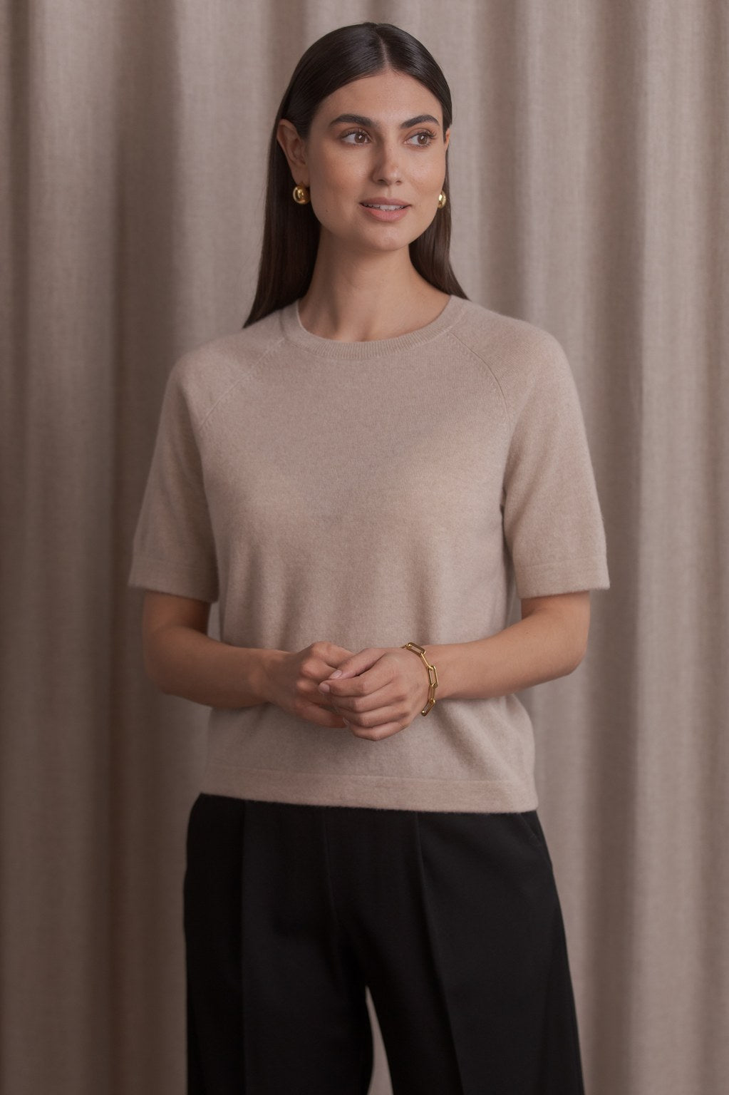 Short-sleeved plain cashmere sweater, Latte