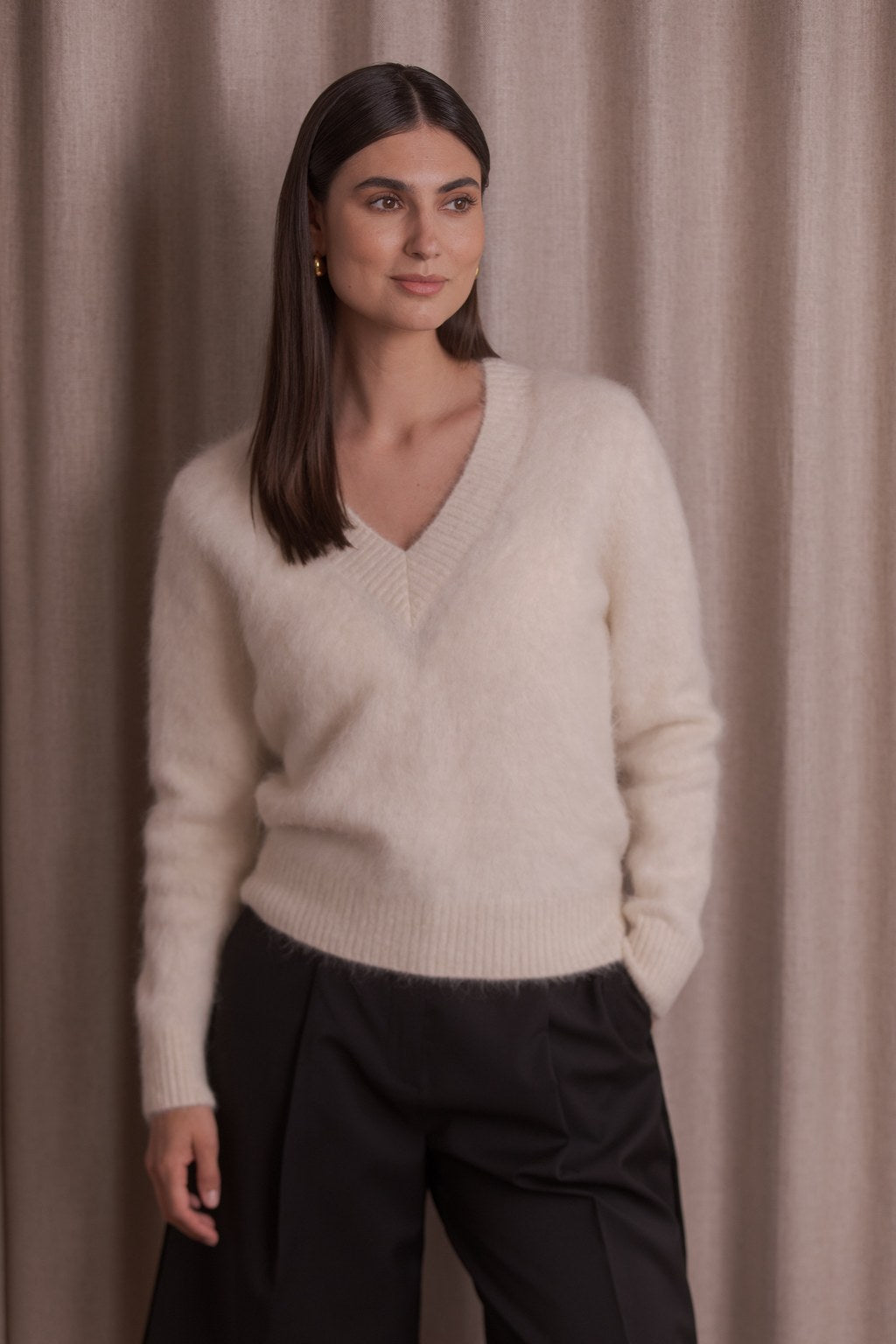 Original Storyn alpakkasekoiteneule v-kaula-aukolla, cream