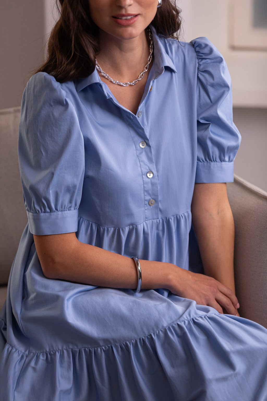 Short puff sleeve cotton blend dress, color sky