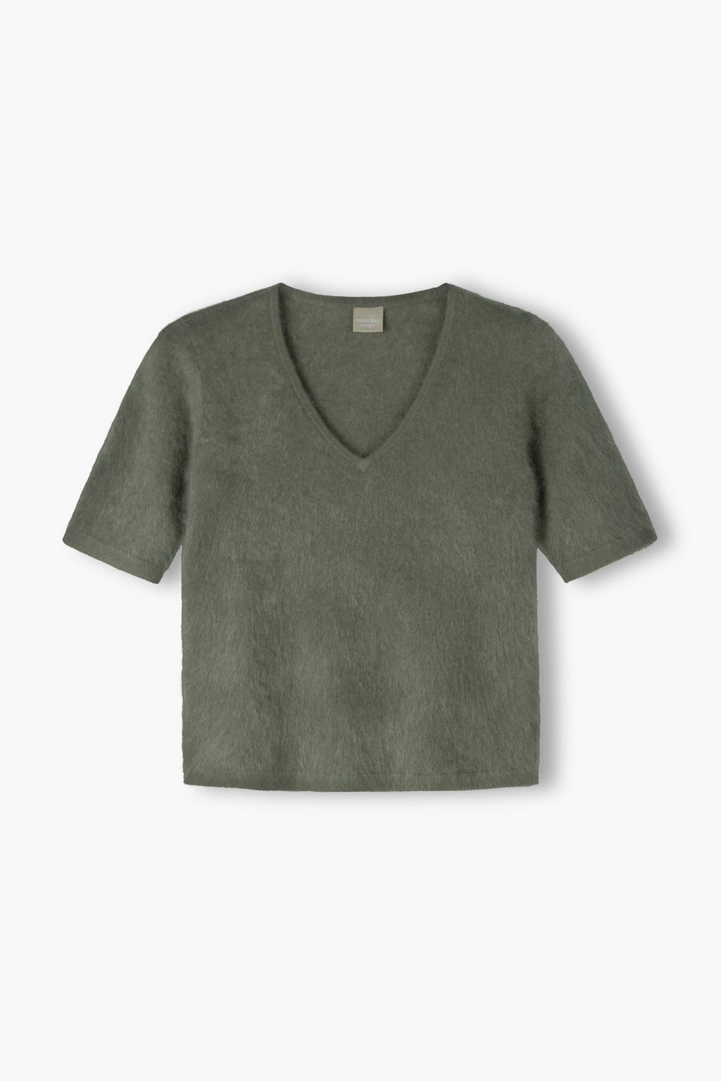 Lyhythihainen  harjattu kashmirneule v-kaula-aukolla, Light olive