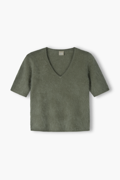 Lyhythihainen  harjattu kashmirneule v-kaula-aukolla, Light olive
