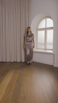 sleeveless satin top and wide trousers, nougat